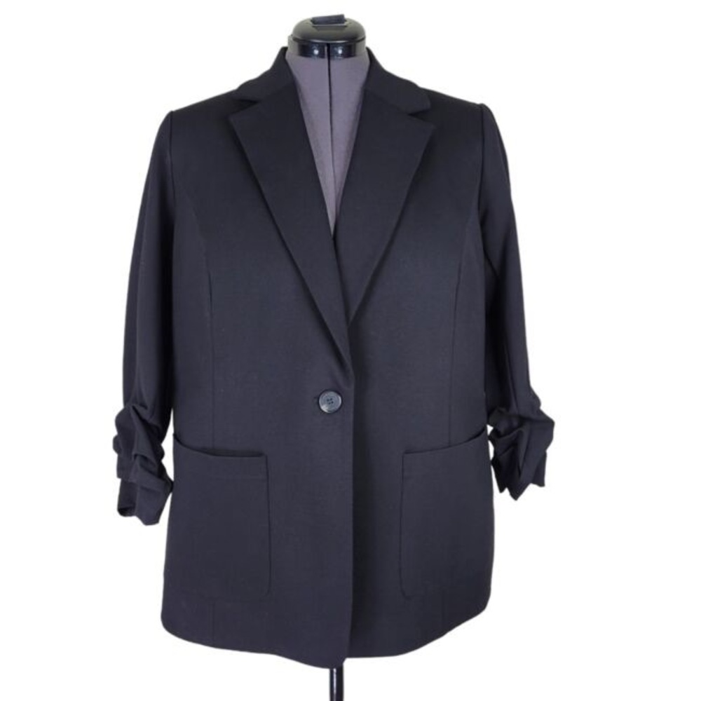Vince Camuto Blazer Women Size 2X Ruched 3/4 Sleeve Pockets Ponte Knit Black